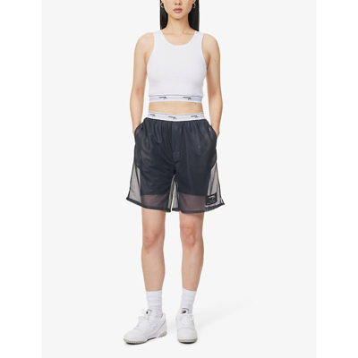 Shop Hommegirls Branded-waistband Semi-sheer Mesh Shorts In Navy