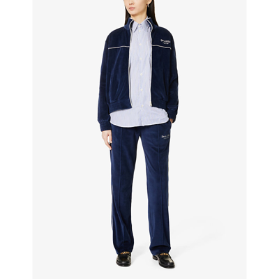 Shop Sporty And Rich Sporty & Rich Women's Navy Logo-embroidered Elasticated-waist Velour Jogging Bottoms