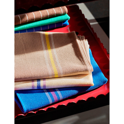 Hay Cream And Blue Canteen Striped Cotton Tea Towel In Cream And Blue