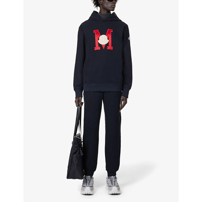 Shop Moncler Brand-print Brand-patch Cotton-jersey Hoody In Blue