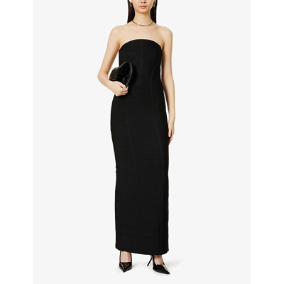 Shop Herve Leger Women's Black Chevron-patterned Slim-fit Recycled Rayon-blend Knitted Gown