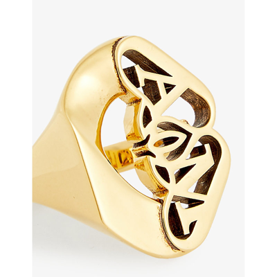 Shop Alexander Mcqueen Women's Light Ant.gold Seal Logo Brass Ring