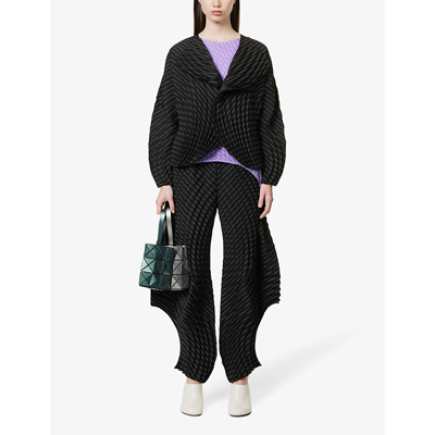 Shop Issey Miyake Curved Pleated Pinstriped Wool-blend Jacket In 17-black-hued