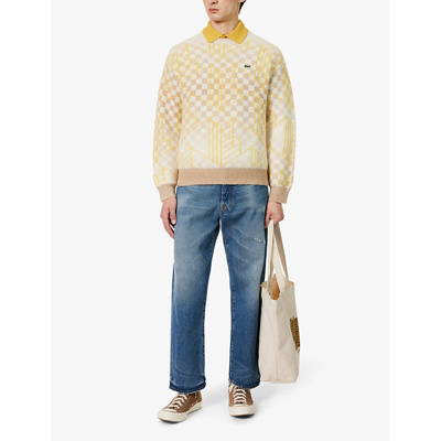 Shop Lacoste Men's Yellow Checked Logo-embroidered Wool-blend Jumper