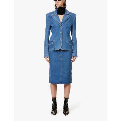 Shop Magda Butrym Slim-fit Padded-shoulder Denim Blazer In Blue