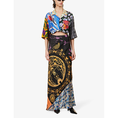 Shop Marine Serre Contrast-panel High-rise Slim-fit Upcycled Silk Midi Skirt In Multicolor