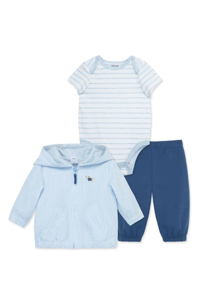 Shop Little Me Puppy Stripe Cotton Zip-up Jacket, Bodysuit & Pants Set In Blue