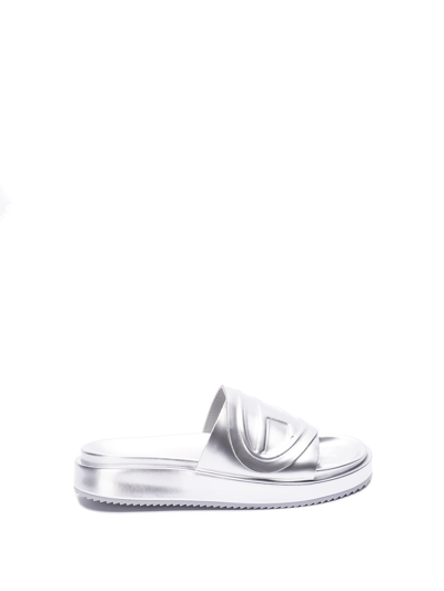 Shop Diesel `sa-slide D Oval W` Slide Sandals In Metallic