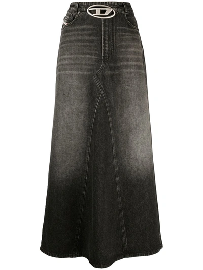 Shop Diesel De-pago Denim Long Skirt In Black
