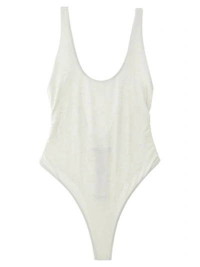 Shop Elisabetta Franchi Rhinestone Logo One-piece Swimsuit In White