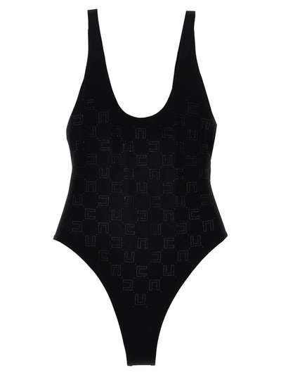 Shop Elisabetta Franchi Rhinestone Logo One-piece Swimsuit In Black