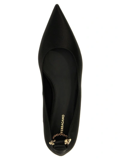 Ferragamo Dada T Chain-embellished Satin Point-toe Flats In Black