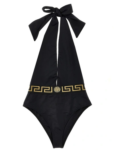 Shop Versace 'greca' One-piece Swimsuit In Black