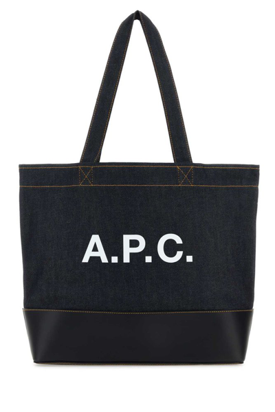 Shop Apc A.p.c. Axel Logo Printed Denim Tote Bag In Navy