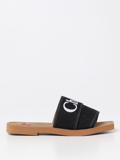 Shop Chloé Woody  Sandals In Canvas With Embroidered Logo In Schwarz