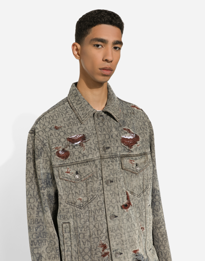 Shop Dolce & Gabbana Denim Jacket With Laser-etched Dolce&gabbana Logo In Grey