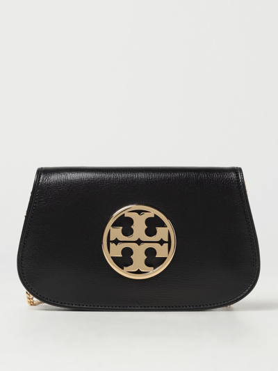 Shop Tory Burch Reva Leather Clutch With Shoulder Strap In Black