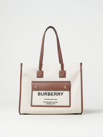 Shop Burberry Bag In Canvas And Leather In Natural