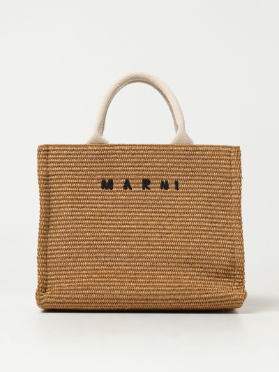 Marni Raffia-effect Canvas Small Tote Bag In Brown