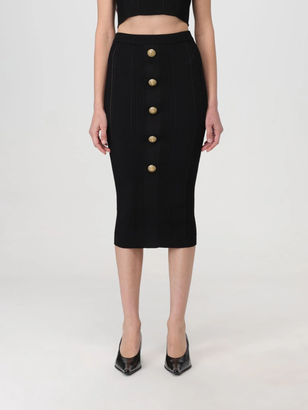 スカート BALMAIN HIGH WAIST FIVE BUTTON SEE THROUGH KNIT MIDI SKIRT Balmain High Waist Five Button See Through Knit Midi Skirt
