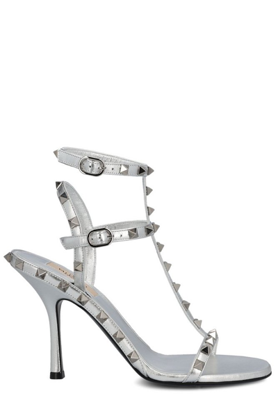 Shop Valentino Garavani Rockstud Ankle Strap Sandals In Silver