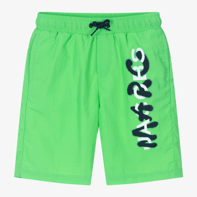 Shop Marc Jacobs Boys Neon Green Spray Logo Swim Shorts