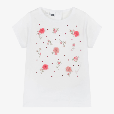 Shop Ido Baby Girls White Cotton Floral T-shirt