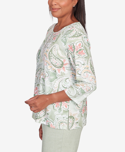 Shop Alfred Dunner Petite English Garden Paisley Lace Paneled Crew Neck Top In Sage