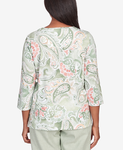 Shop Alfred Dunner Petite English Garden Paisley Lace Paneled Crew Neck Top In Sage