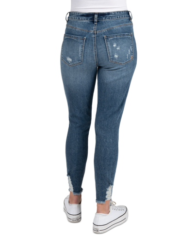 Shop Indigo Rein Juniors' Curvy High-rise Button-front Distress Ankle Jeans In Med Blue