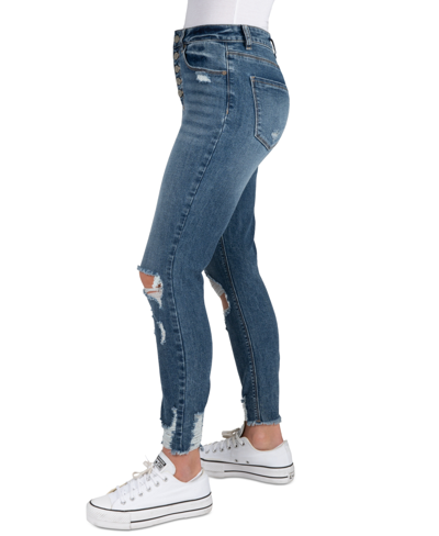 Shop Indigo Rein Juniors' Curvy High-rise Button-front Distress Ankle Jeans In Med Blue