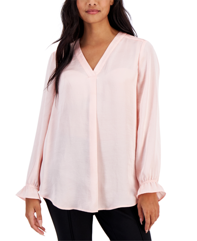 Shop Ak Anne Klein Petite Rumpled Satin V-neck Long-sleeve Tunic In Cherry Blossom