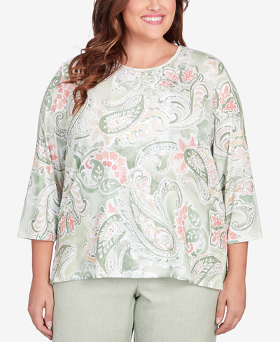 Shop Alfred Dunner Plus Size English Garden Paisley Lace Paneled Crew Neck Top In Sage