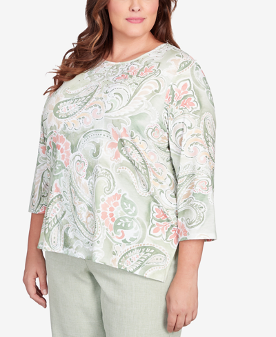 Shop Alfred Dunner Plus Size English Garden Paisley Lace Paneled Crew Neck Top In Sage
