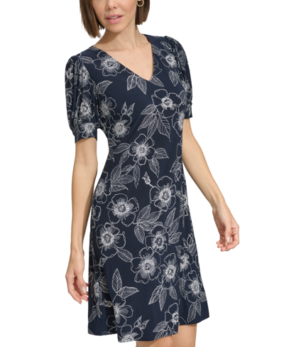 Shop Tommy Hilfiger Women's V-neck Puff-sleeve Floral Shift Dress In Sky Captain,ivory