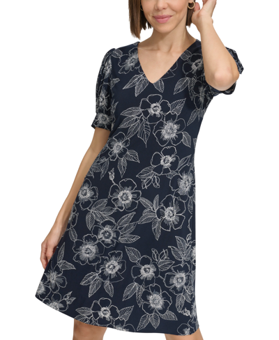 Shop Tommy Hilfiger Women's V-neck Puff-sleeve Floral Shift Dress In Sky Captain,ivory