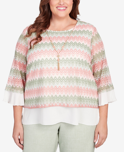 Shop Alfred Dunner Plus Size English Garden Zig Zag Texture Top With Necklace In Multi