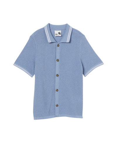 Shop Cotton On Toddler And Little Boys Knitted Short Sleeve Shirt In Dusty Blue,waffle Knit