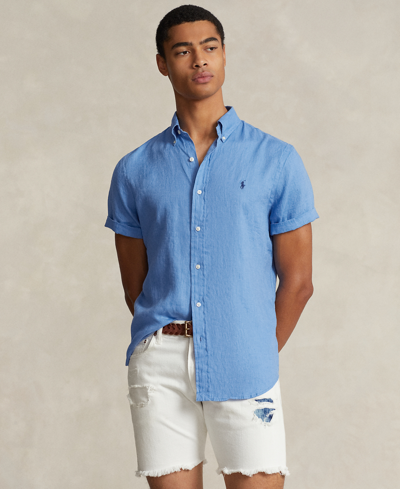 Shop Polo Ralph Lauren Men's Short-sleeve Linen Button-up In Summer Blue