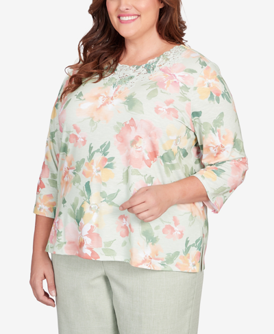 Shop Alfred Dunner Plus Size English Garden Watercolor Floral Lace Neck Top In Sage