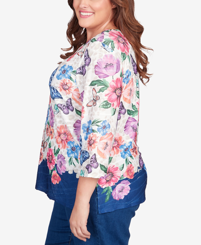 Shop Alfred Dunner Plus Size In Full Bloom Floral Butterfly Border Split Neck Top In Multi