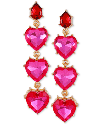 Shop Guess Gold-tone Heart-shape Stone Linear Drop Earrings In Pink