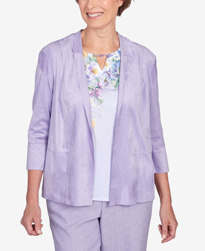 Shop Alfred Dunner Women's Isn't It Romantic Faux Suede Flutter Sleeve Jacket In Lilac