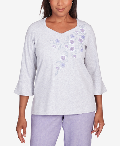 Shop Alfred Dunner Petite Isn't It Romantic Floral Applique Sweetheart Neck Top In Light Gray