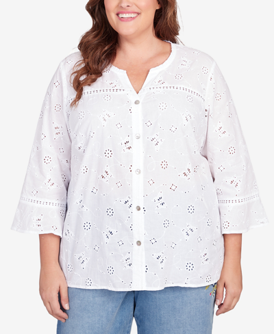 Shop Alfred Dunner Plus Size In Full Bloom Butterfly Eyelet Button Front Shirt In White