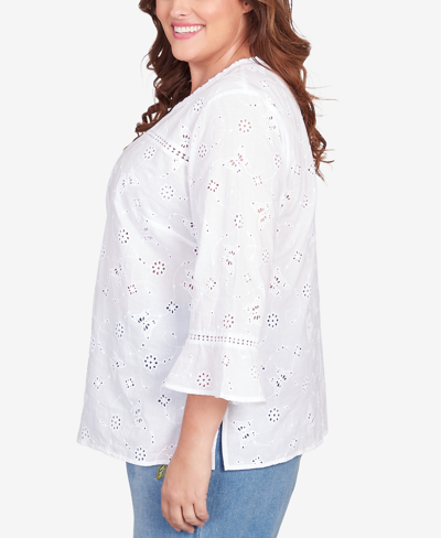Shop Alfred Dunner Plus Size In Full Bloom Butterfly Eyelet Button Front Shirt In White
