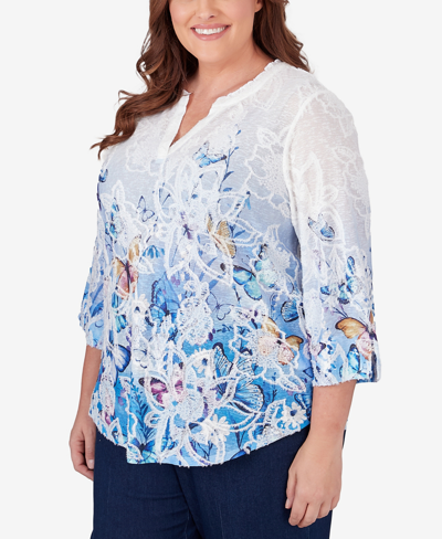 Shop Alfred Dunner Plus Size In Full Bloom Butterfly Border Jacquard Split Neck Top In Multi