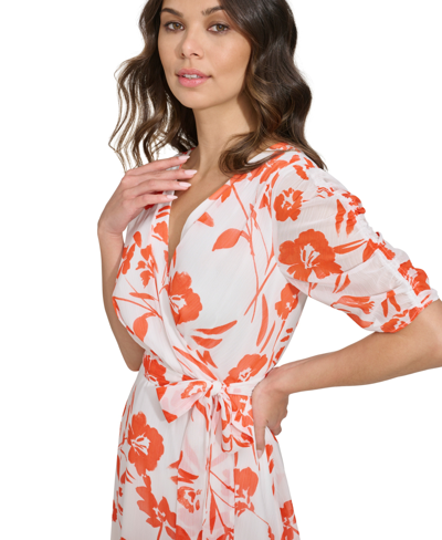 Shop Dkny Women's Ruched-sleeve V-neck Faux-wrap Dress In Tangerine