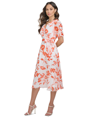 Shop Dkny Women's Ruched-sleeve V-neck Faux-wrap Dress In Tangerine