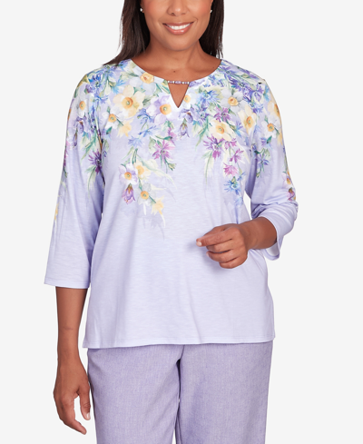 Shop Alfred Dunner Petite Isn't It Romantic Spring Flower Split Neck Top In Lilac